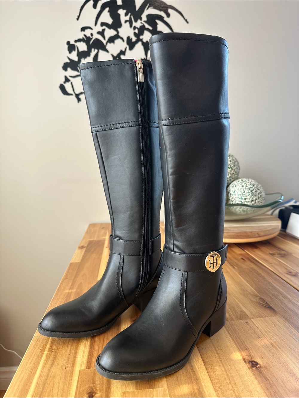 Tommy Hilfiger Black Leather Knee-High Logo Strap Boots